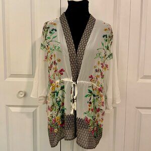 DR2 White Floral Kimono Top Sheer Tie Front Size Small